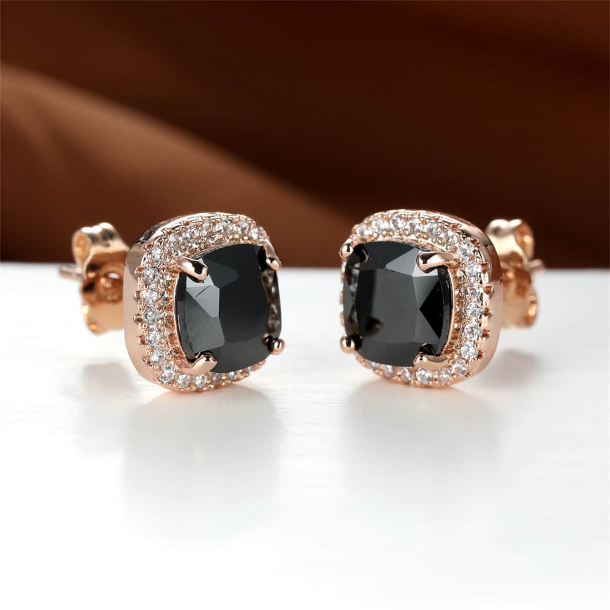 Black Princess Crystal & Rose Goldtone Halo Stud Earrings