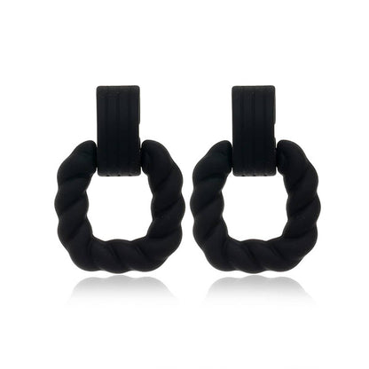 Black Resin & Silvertone Twine Square Drop Earrings