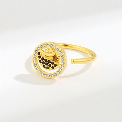 Black Cubic Zirconia & Goldtone Rotating Swan Open Ring