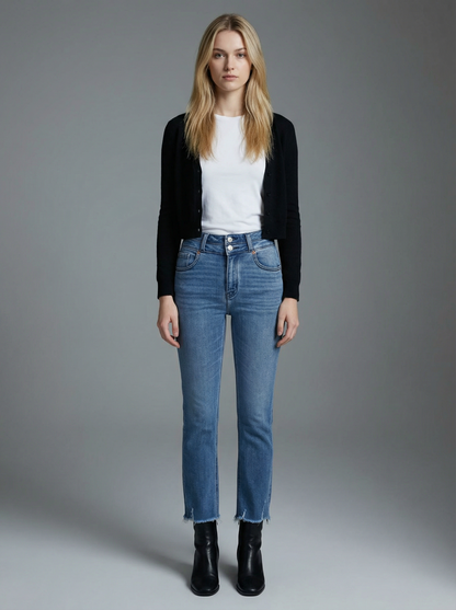 Altitude Heights Corset Double Waistband Straight Frayed Hem Jeans