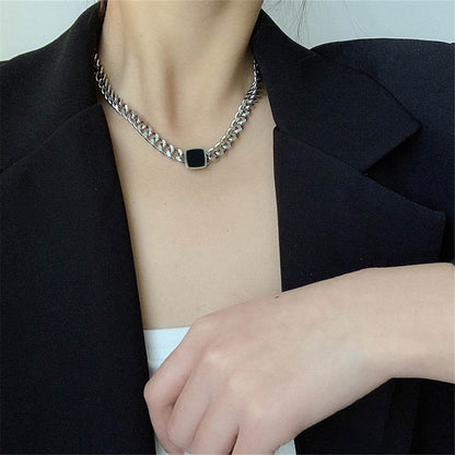 Black & Stainless Steel Square Pendant Necklace