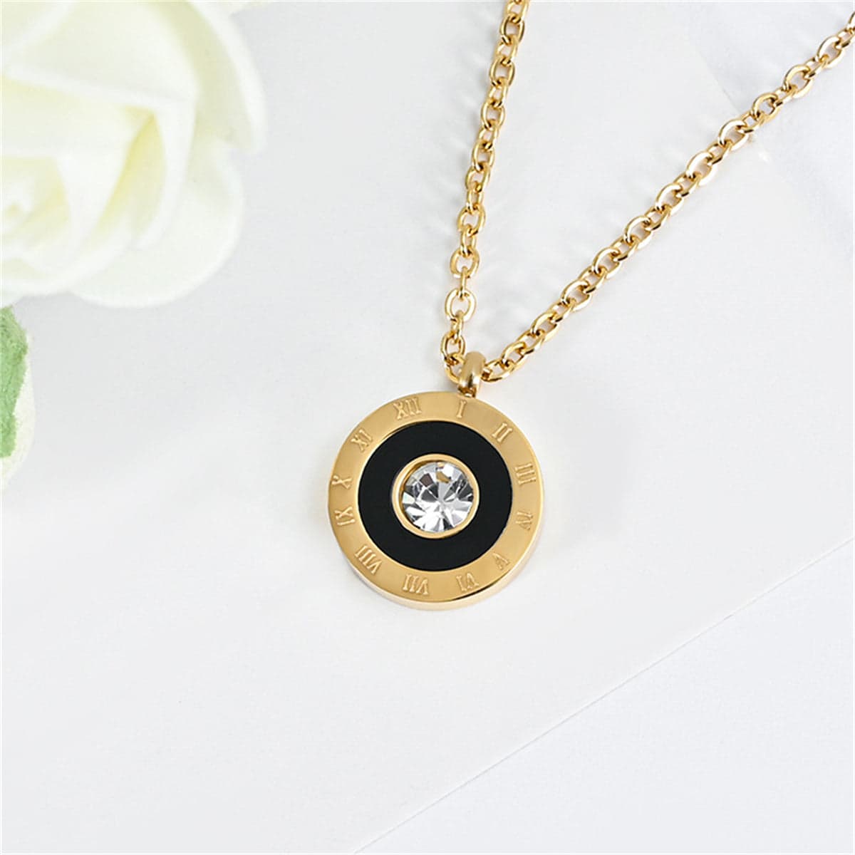 Black Acrylic & Cubic Zirconia Goldtone Roman Numeral Pendant Necklace