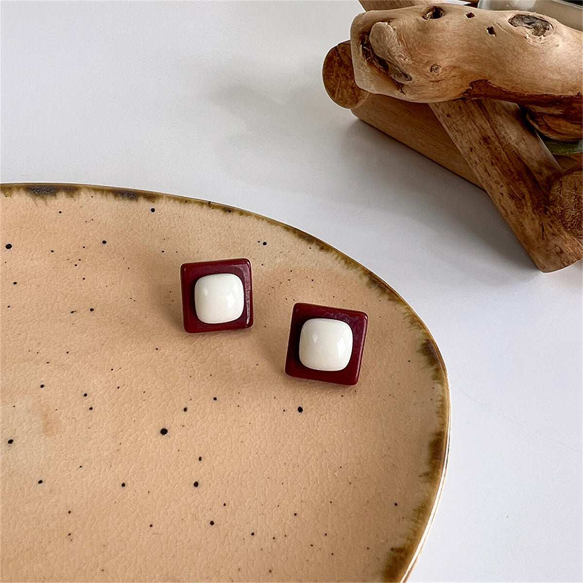 Beige Resin & Silvertone Square Stud Earrings