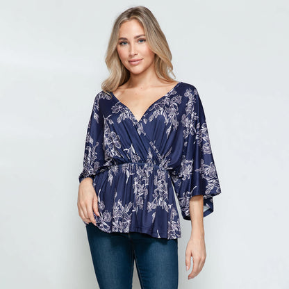 Dark Blue Floral Print Surplice Peplum Top