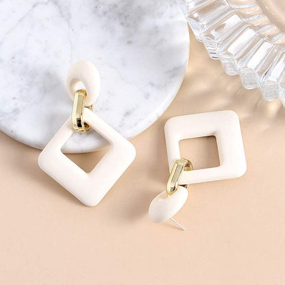 Beige Enamel & Goldtone Open Rhombus Drop Earrings
