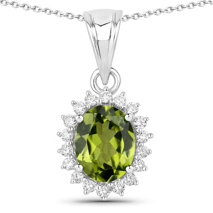 Genuine Peridot and Lab Diamond Silver Halo Necklace
