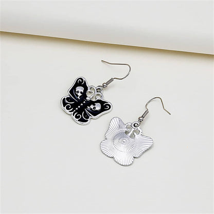 Black & Silvertone Skull Butterfly Drop Earrings