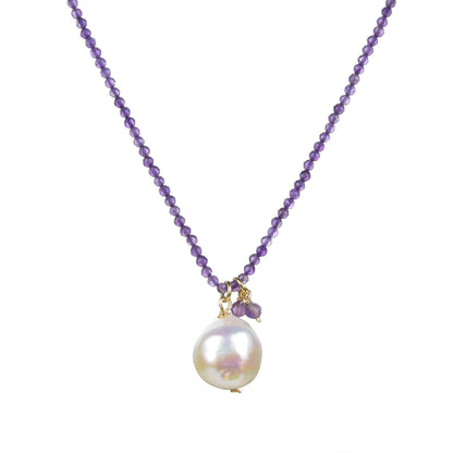 18K Plated Sterling Silver Natural Amethyst and Freshwater Pearl Beaded Necklace