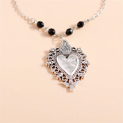Black Acrylic & Silvertone Floral Heart Pendant Necklace