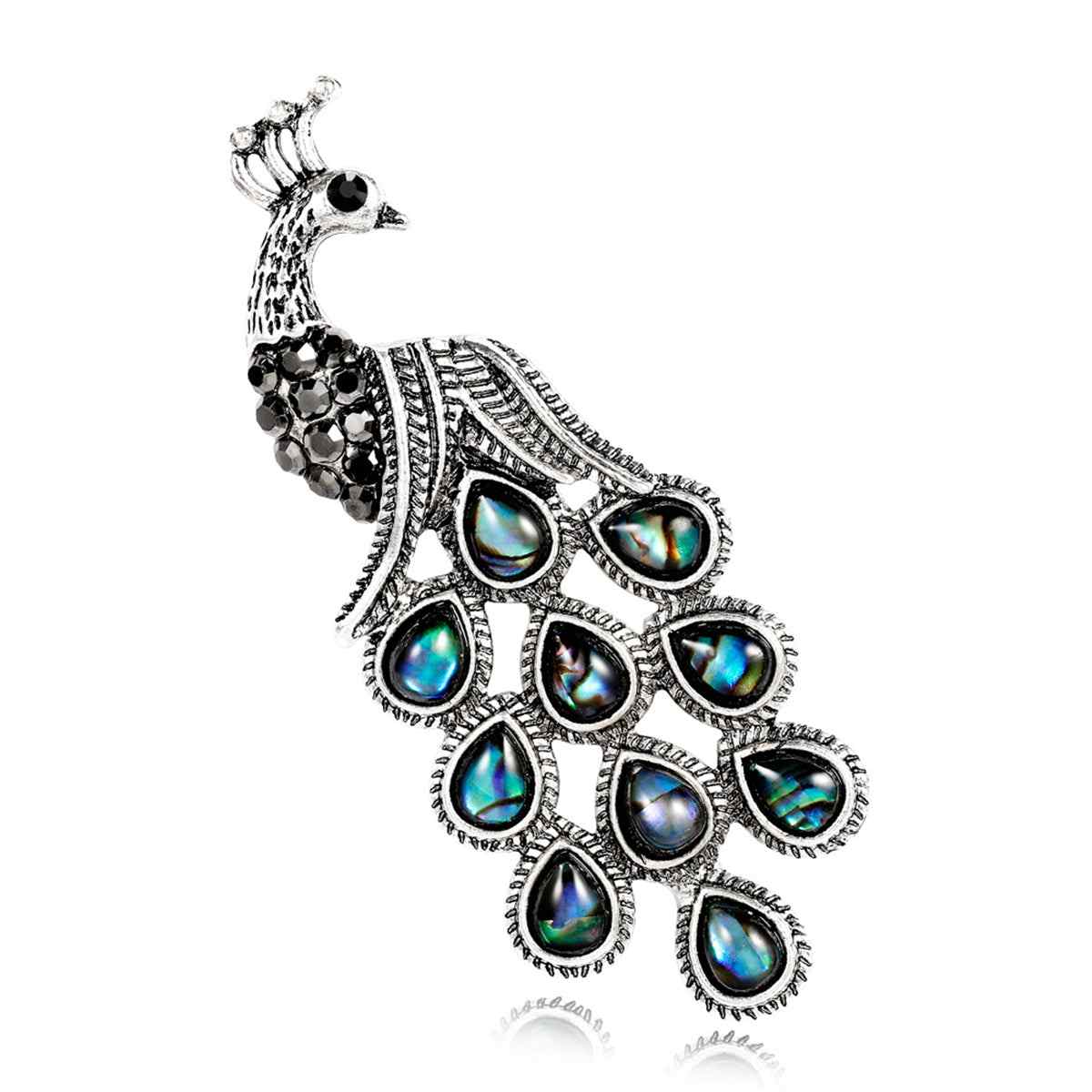 Abalone Shell & Cubic Zirconia Silvertone Peacock Brooch