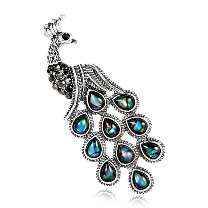 Abalone Shell & Cubic Zirconia Silvertone Peacock Brooch