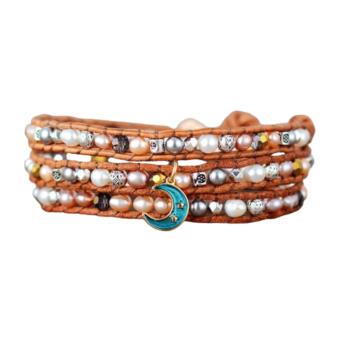 Cultured Pearl Leather Wrap Bracelet With Blue Moon