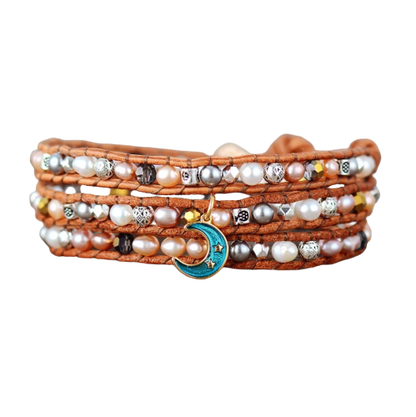 Cultured Pearl Leather Wrap Bracelet With Blue Moon