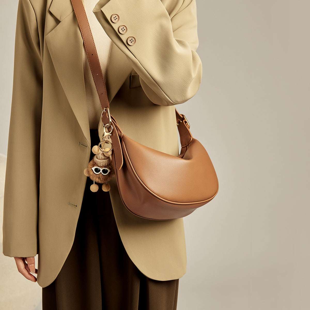 Crescent Leather Crossbody Shoulder Bag with Bear Charm