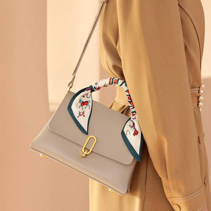 Elegant Apricot Leather Satchel Bag with Silk Scarf Handle