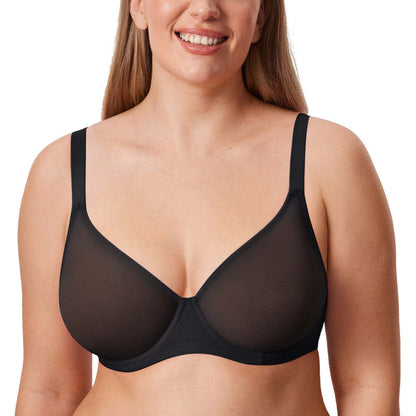 Cosnufy Sheer Mesh Plunge Underwire Full Coverage Bra