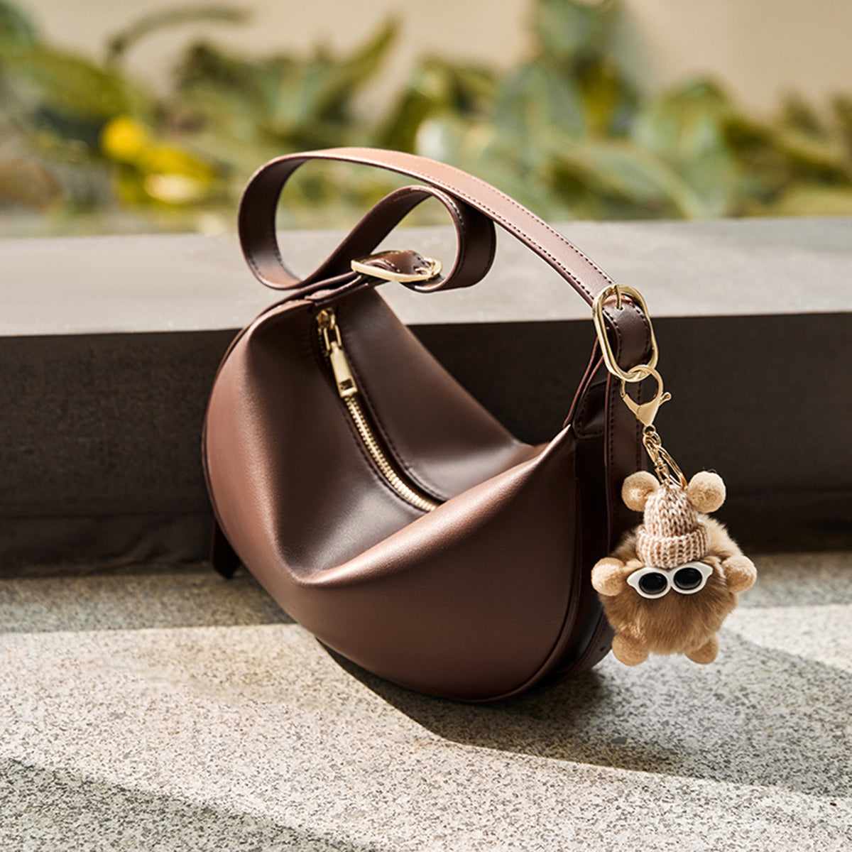 Crescent Leather Crossbody Shoulder Bag with Bear Charm