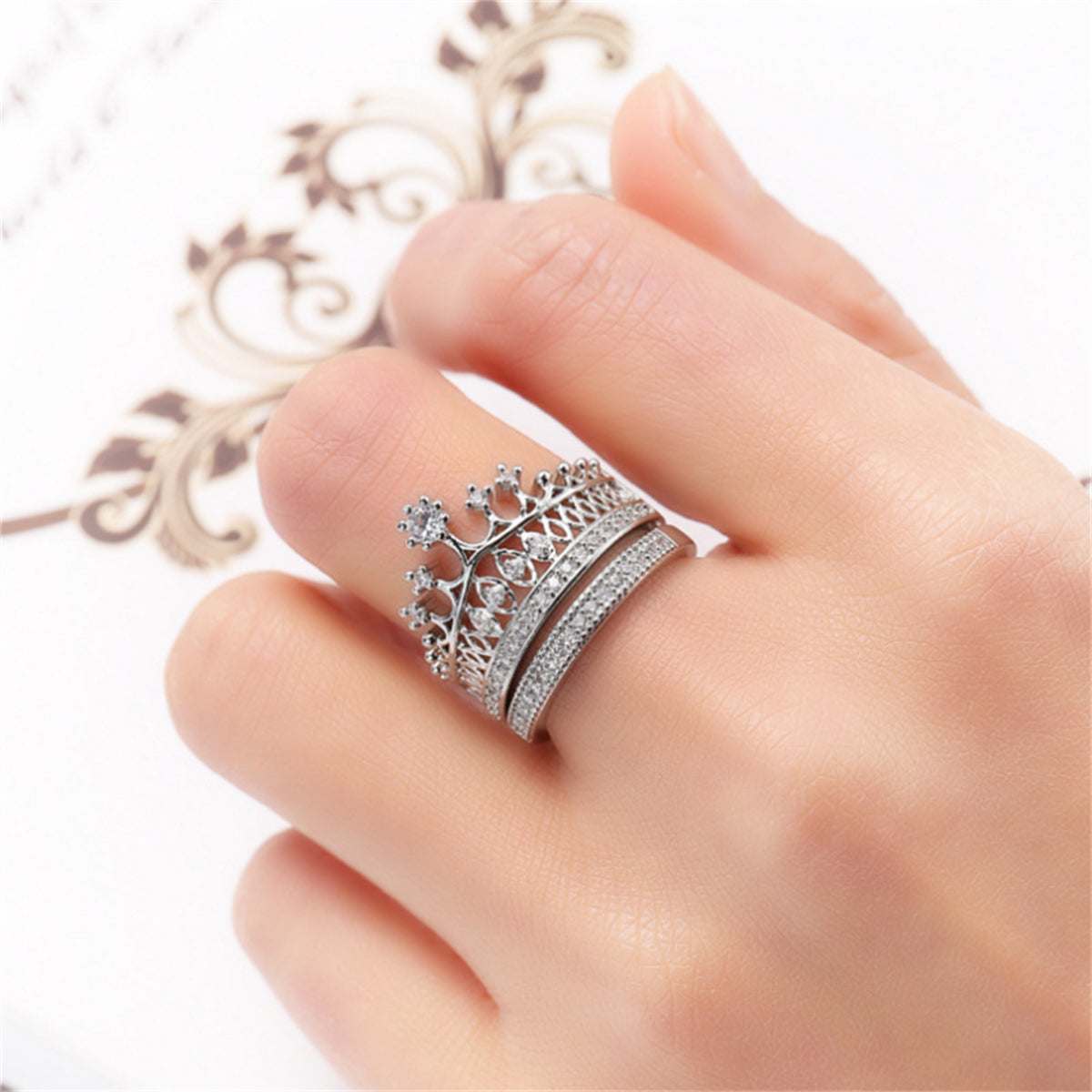Cubic Zirconia & Silvertone Crown Ring Set