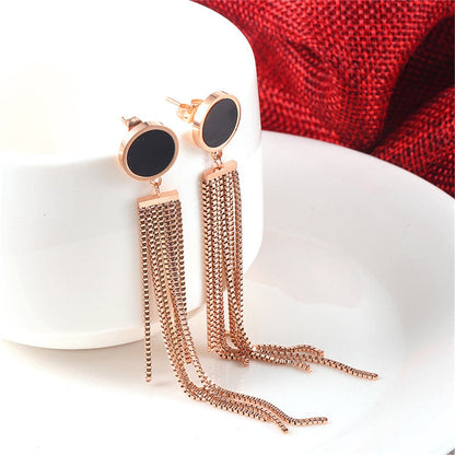 Black Acrylic & Rose Goldtone Round Tassel Drop Earrings