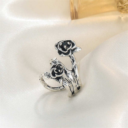 Black & Silvertone Rose Layered Ear Cuff