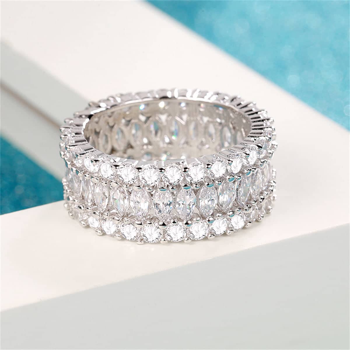 Crystal & Cubic Zirconia Silvertone Marquise Layer Ring