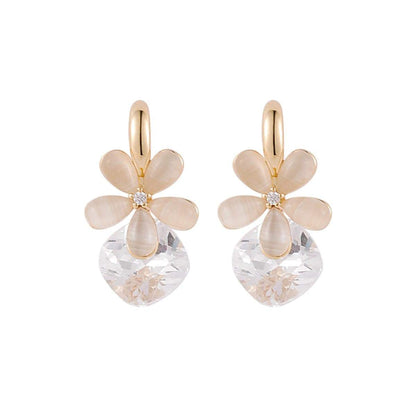 Cat's Eye & Goldtone Floral Huggie Earrings