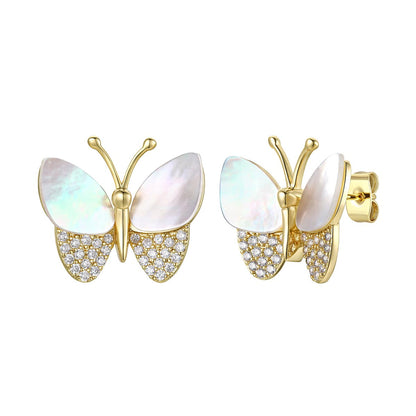 14k Gold Plated Mother of Pearl & Cubic Zirconia Butterfly Stud Earrings