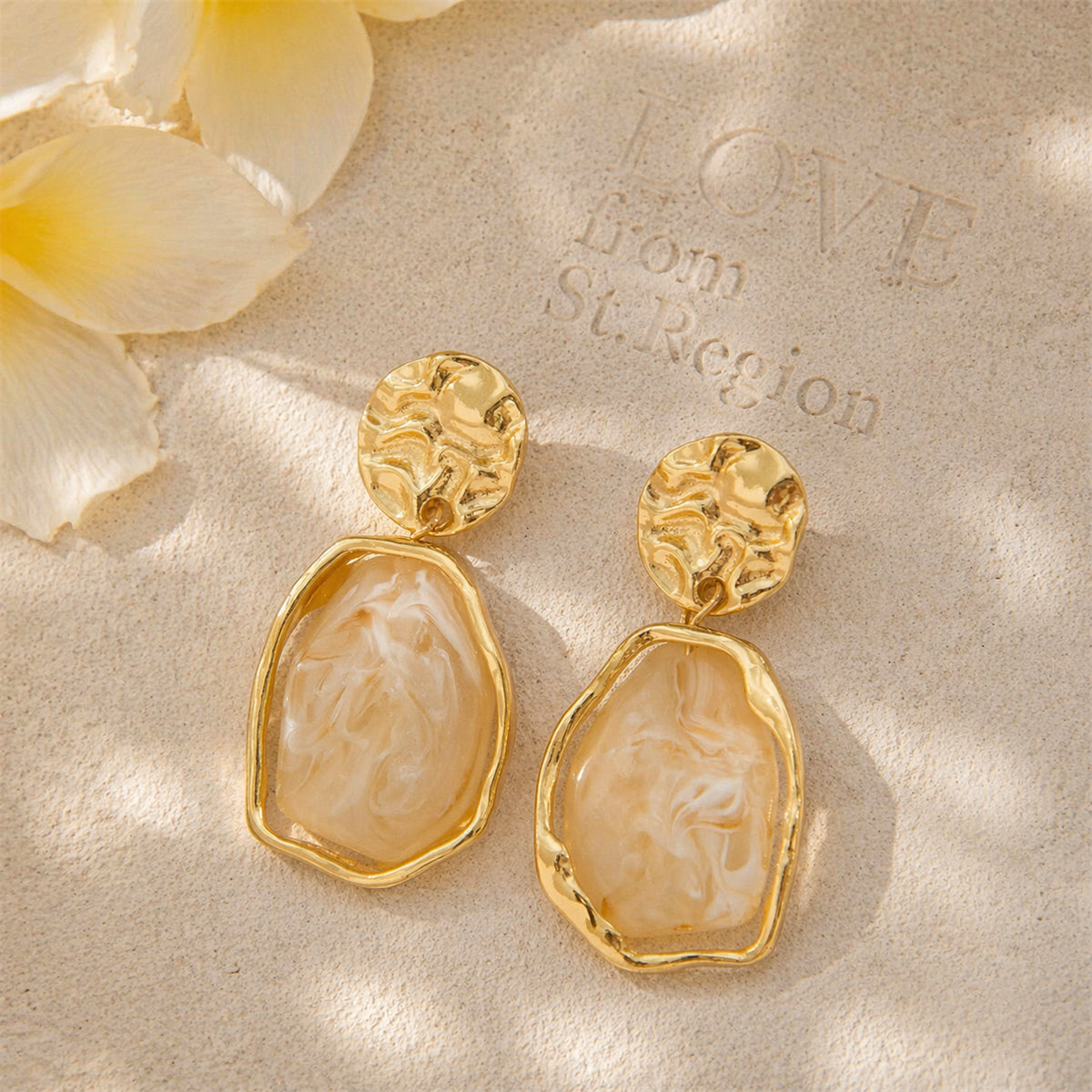 Beige Resin & Goldtone Hammered Stacked Irregular Dangle Earrings