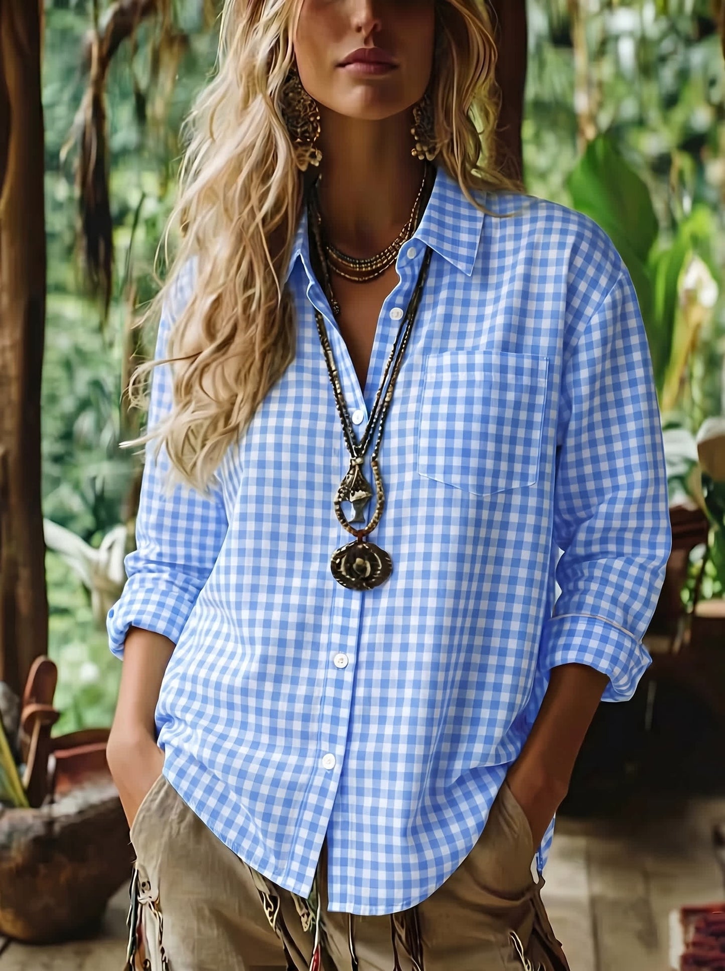 Chic YC Women's Gingham Button Down Shirt Long Sleeve Casual Loose Blouse for Spring Summer Small LightBlue