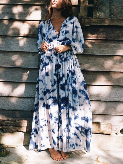 Women's Romantic Floral Lantern Sleeve Flowy Maxi Dress