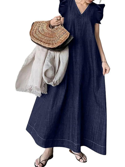 Women's Denim Flutter Sleeve V-Neck Maxi Dress