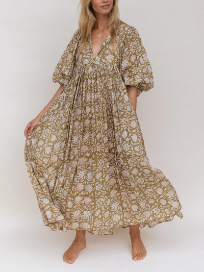 Women's Romantic Floral Lantern Sleeve Flowy Maxi Dress