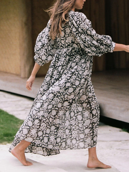 Women's Romantic Floral Lantern Sleeve Flowy Maxi Dress