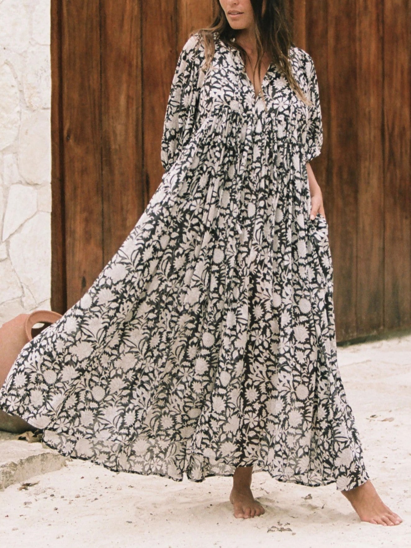 Women's Romantic Floral Lantern Sleeve Flowy Maxi Dress