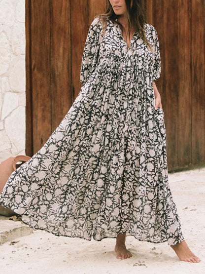 Women's Romantic Floral Lantern Sleeve Flowy Maxi Dress