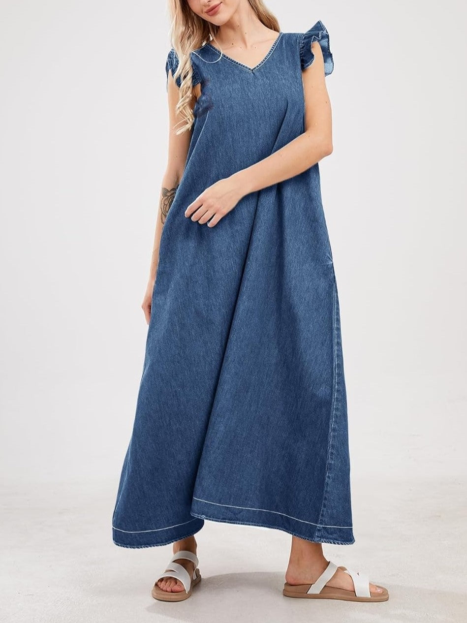 Women's Denim Flutter Sleeve V-Neck Maxi Dress