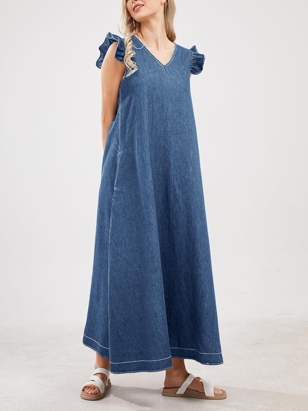 Women's Denim Flutter Sleeve V-Neck Maxi Dress