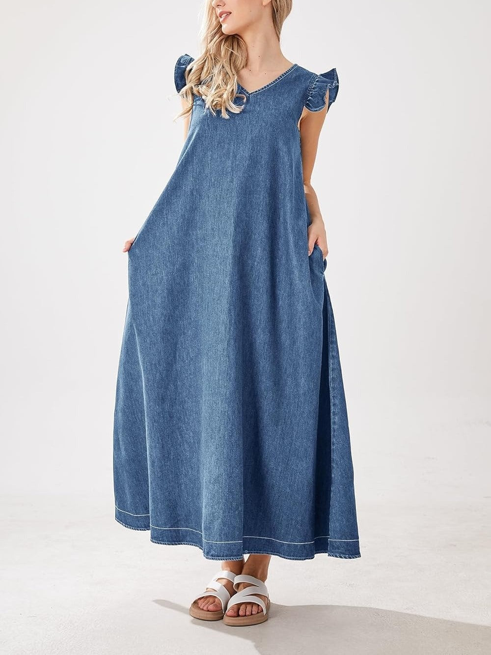 Women's Denim Flutter Sleeve V-Neck Maxi Dress