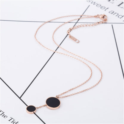 Black Acrylic & Rose Goldtone Double Round Lariat Pendant Necklace