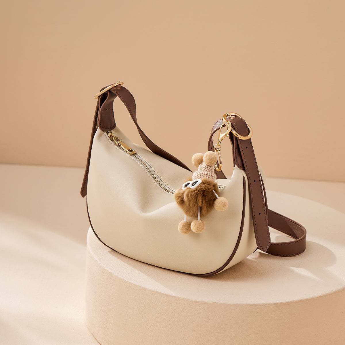 Crescent Leather Crossbody Shoulder Bag with Bear Charm