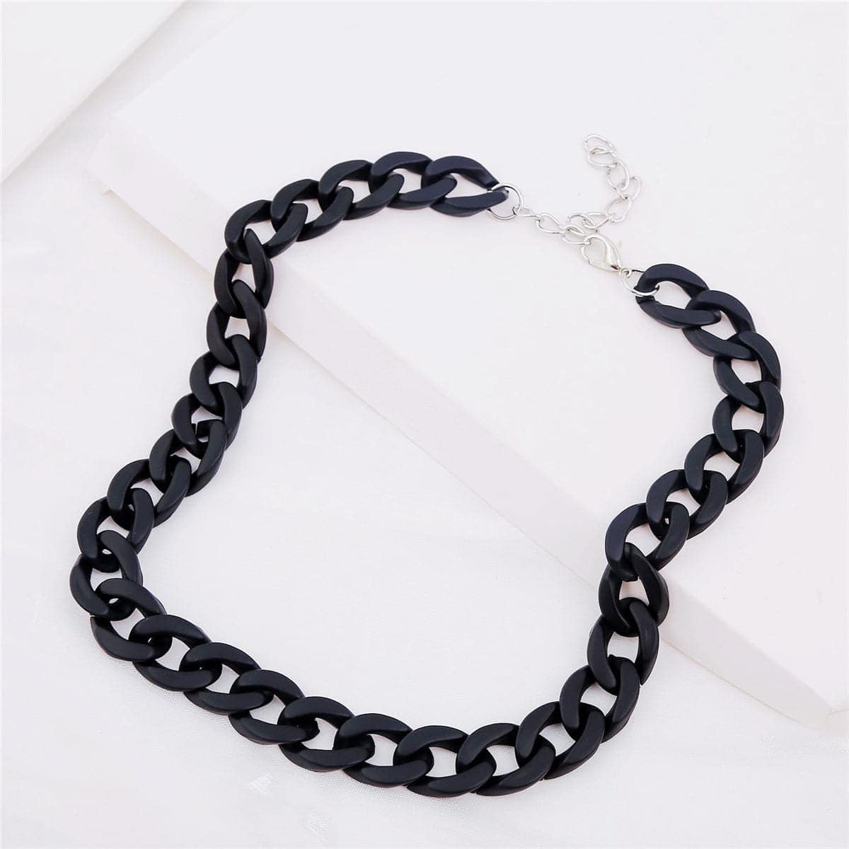 Black Acrylic & Silvertone Curb Chain Choker Necklace