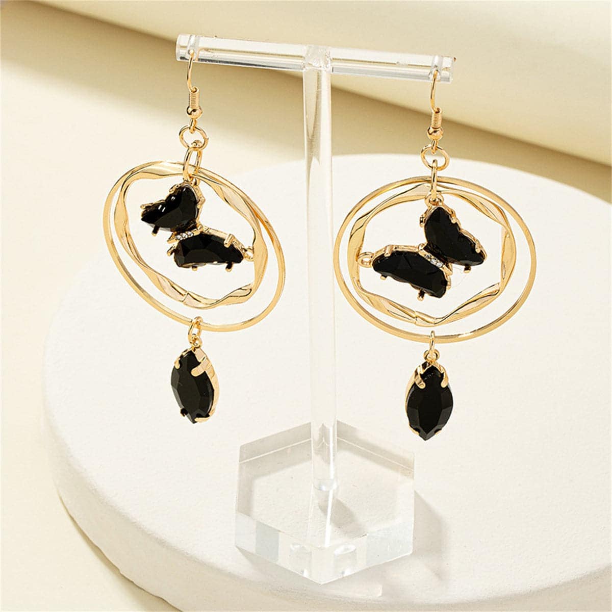 Black Crystal & Cubic Zirconia Goldtone Butterfly Drop Earrings