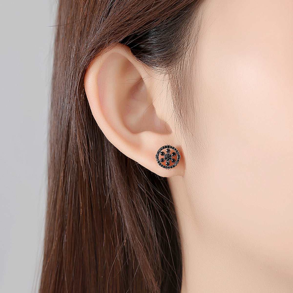 Black Cubic Zirconia & Goldtone Snowflake Round Stud Earrings