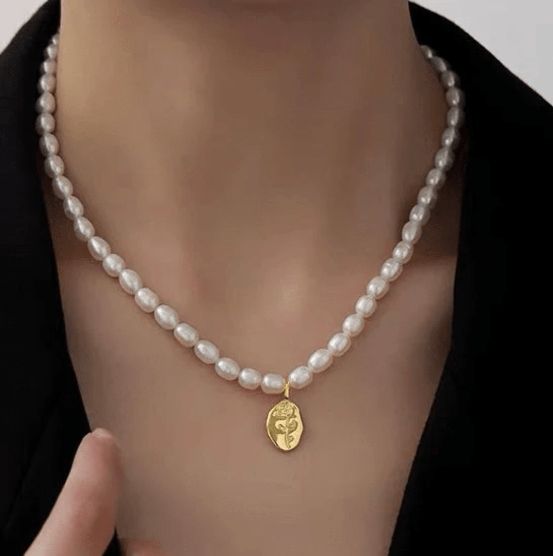Freshwater Pearl With Goldtone Rose Flower Pendant Necklace