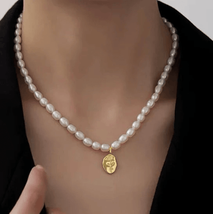 Freshwater Pearl With Goldtone Rose Flower Pendant Necklace