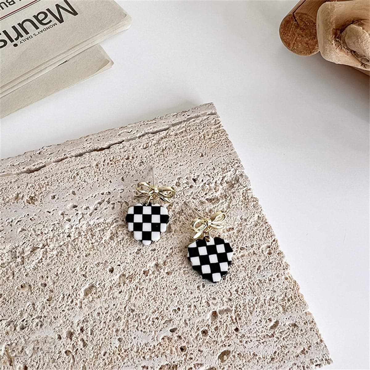 Black & White Acrylic Checkerboard Bow Heart Drop Earrings