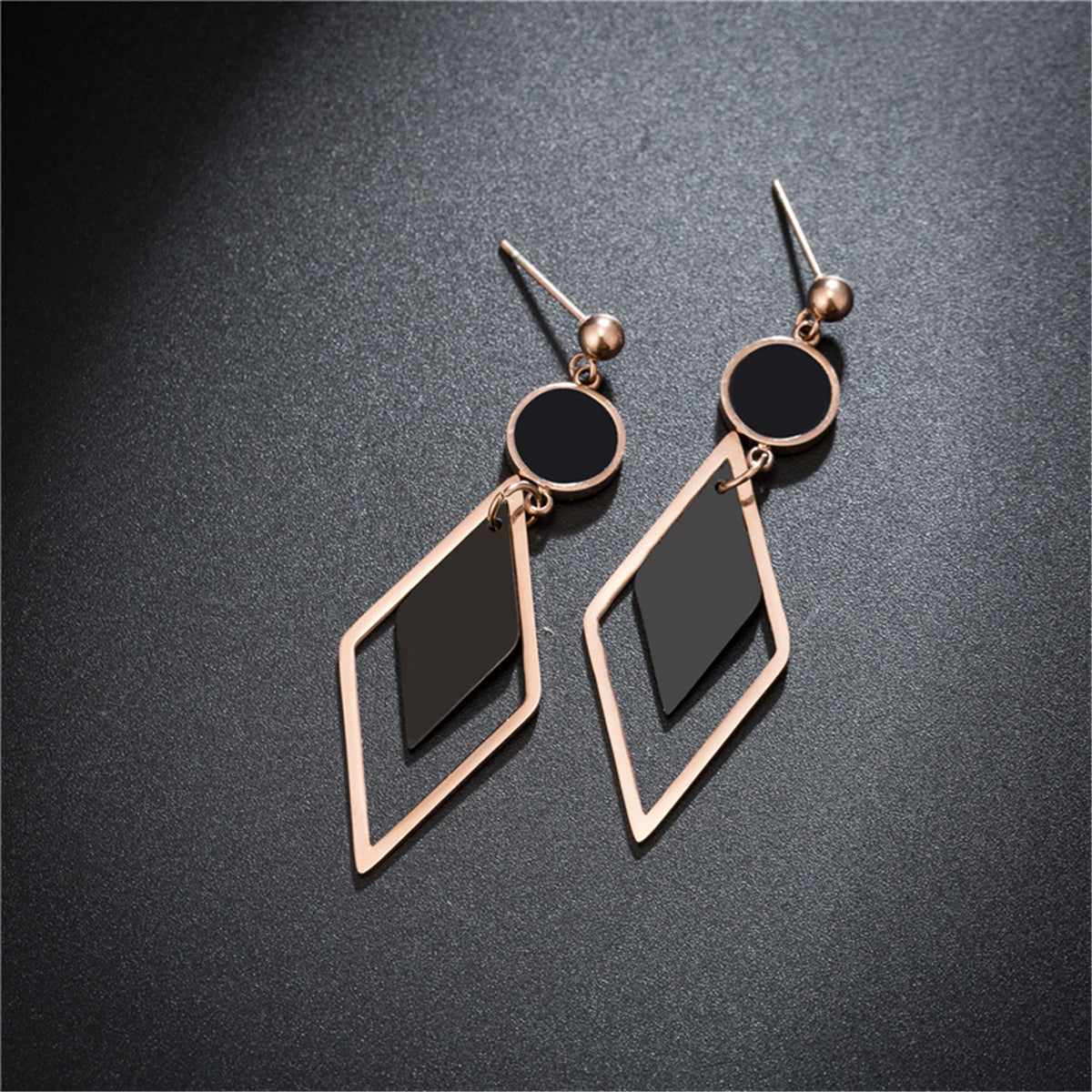 Black Acrylic & Rose Goldtone Stacked Rhombus Drop Earrings