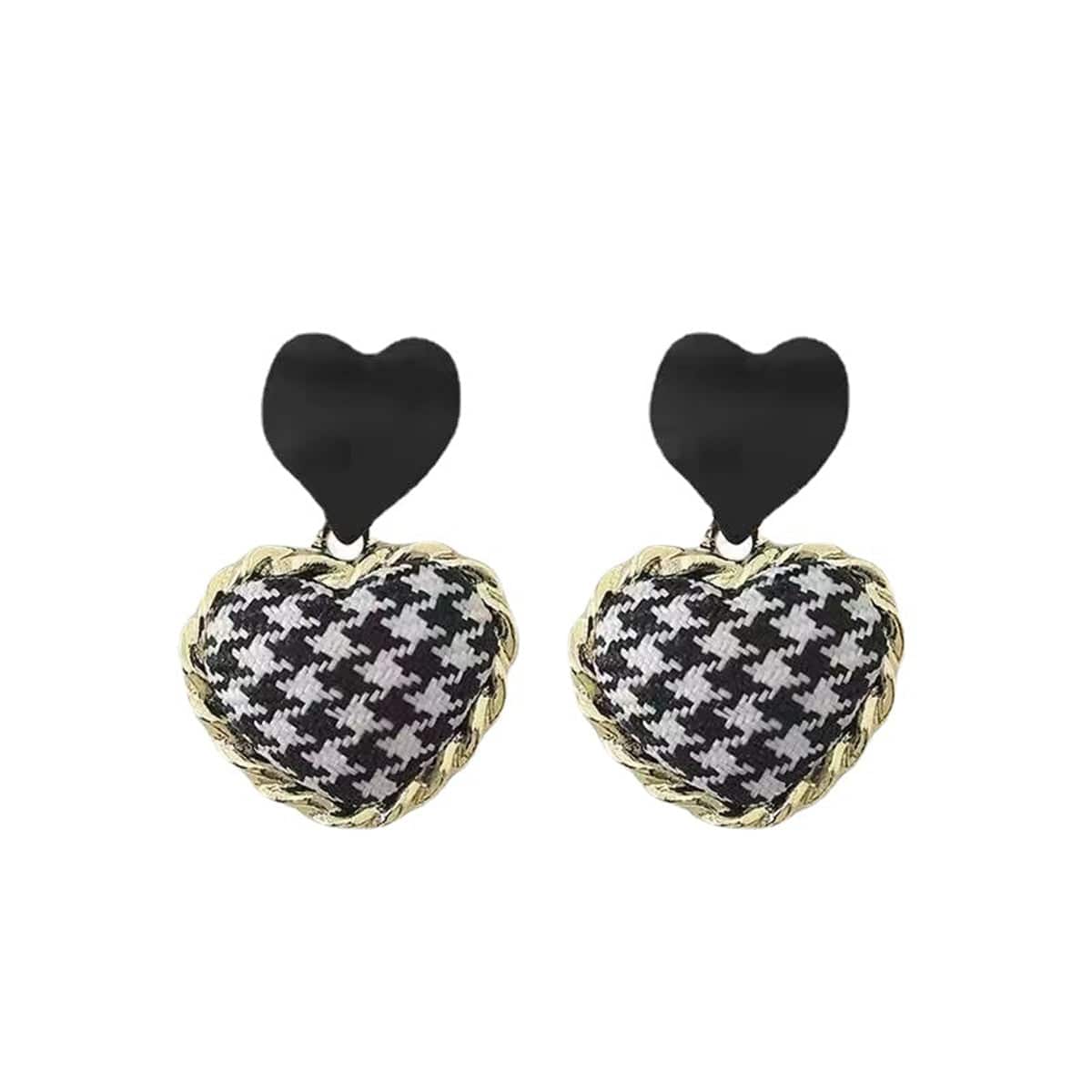 Black Enamel & Polyster Goldtone Checkboard Heart Drop Earrings