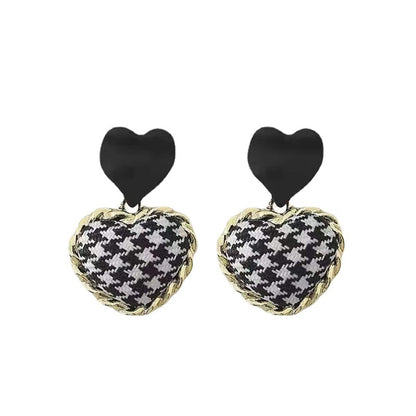 Black Enamel & Polyster Goldtone Checkboard Heart Drop Earrings