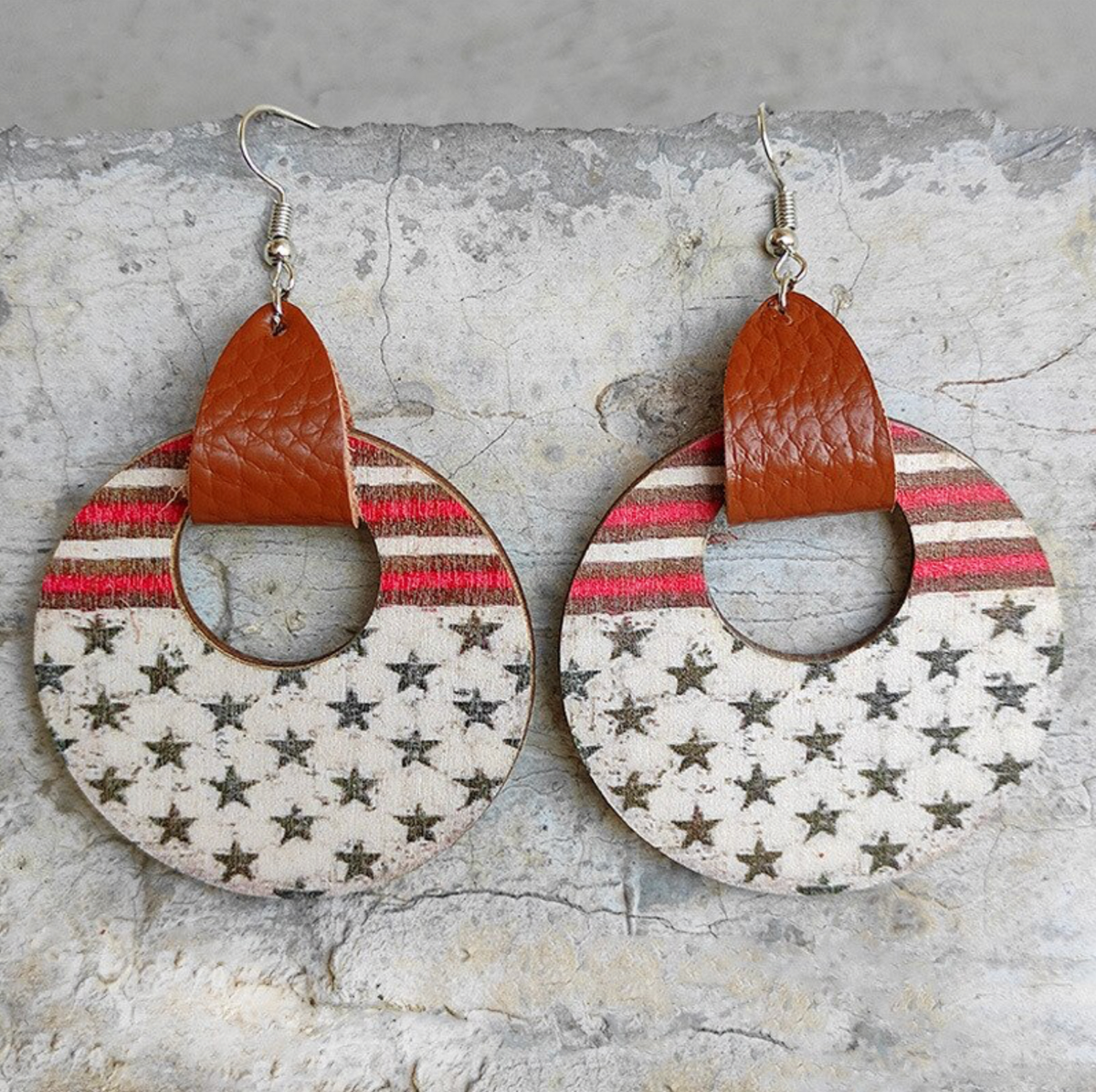 Burnt Orange Stars & Stripes - Faux Leather Strap & Patterned Circular Drop Earrings